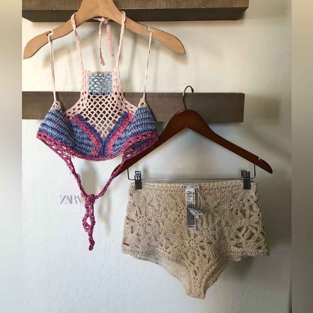 ZARA|Boho crotchet two piece bikini set in floral neutral tan & colorful top,NWT - Picture 6 of 16